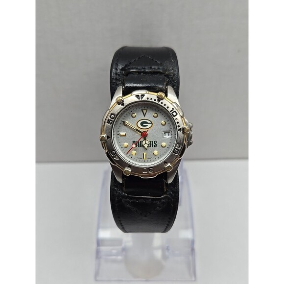 Womens Green Bay Packers Quartz Watch Date Gold Silver Leather Cuff New Battery - Picture 1 of 12